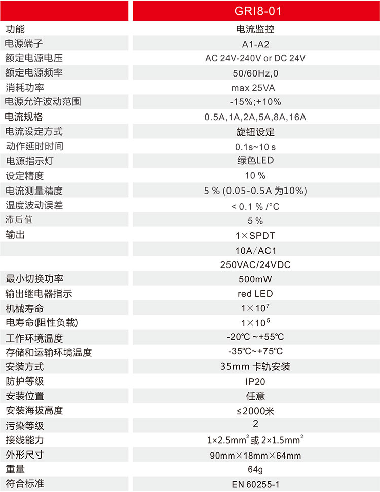 電流監控繼電器技術參數