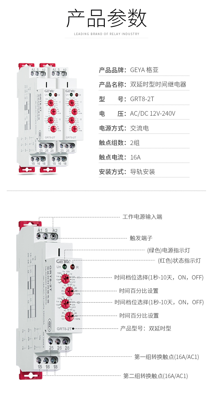 1、格亞雙延時(shí)型時(shí)間繼電器產(chǎn)品參數(shù)：產(chǎn)品品牌：GEYA格亞，產(chǎn)品名稱：雙延時(shí)型時(shí)間繼電器，型號(hào)：GRT8-2T，電壓：AC/DC 12V-240V,電源方式：交流電，觸點(diǎn)組數(shù)：2組，觸點(diǎn)電流：16A；安裝方式：導(dǎo)軌安裝；2、雙延時(shí)型時(shí)間繼電器功能件：工作電源輸入端，觸發(fā)端子，（綠色）電源指示燈，（紅色）狀態(tài)指示燈，時(shí)間檔位選擇（1秒-10天，ON,OFF）,時(shí)間百分比設(shè)置，時(shí)間檔位選擇（1秒-10天，ON,OFF），時(shí)間百分比設(shè)置，產(chǎn)品型號(hào)：雙延時(shí)型，第一組轉(zhuǎn)換觸點(diǎn)（16A/AC1），第二組轉(zhuǎn)換觸點(diǎn)（16A/AC1）