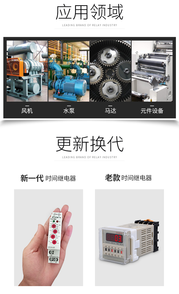 GRT8-A/B單功能型時間繼電器應用領域：電氣設備，壓縮機，緊急/后備電源切換控制；更新換代：新老電壓繼電器產品圖對比；