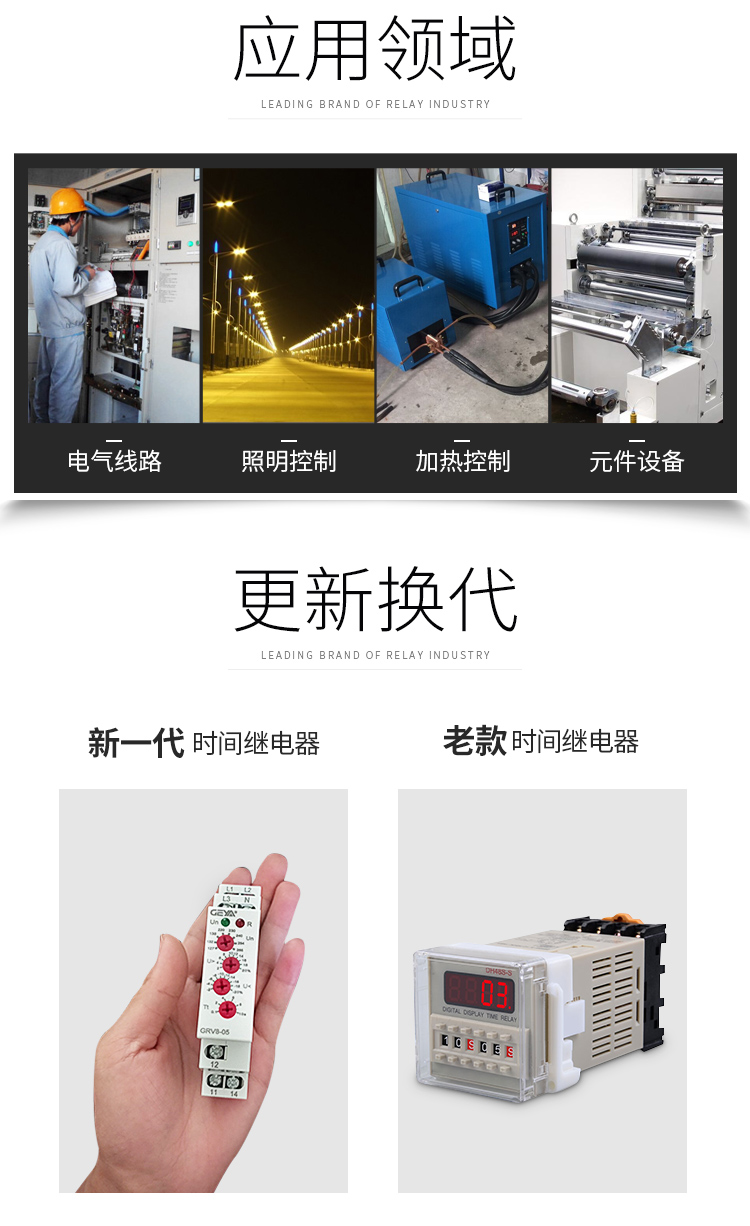 GRT8-S循環延時型時間繼電器應用領域：電氣線路，照明控制，加熱控制，元件設備；更新換代：新老繼電器產品圖對比；