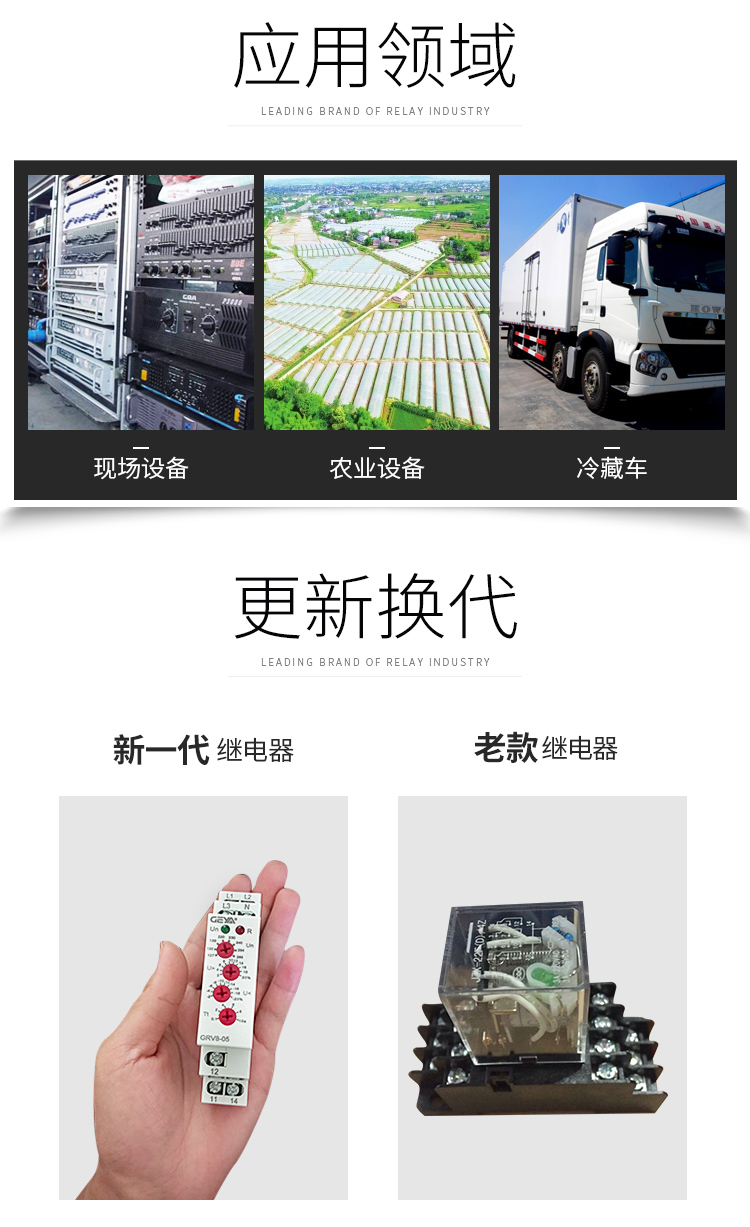 GRV8三相電壓監(jiān)控繼電器應(yīng)用領(lǐng)域：現(xiàn)場設(shè)備，農(nóng)業(yè)設(shè)備，冷藏車；更新?lián)Q代：新老電壓繼電器產(chǎn)品圖對比；